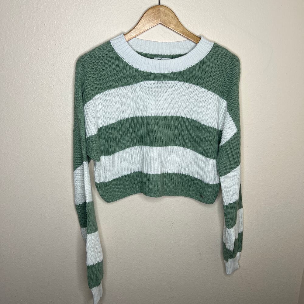Hollister White Green Stripe Cropped Sweater Large